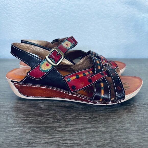 Spring Step Leather Multi Floral Design Sandals 39 - Picture 3 of 7